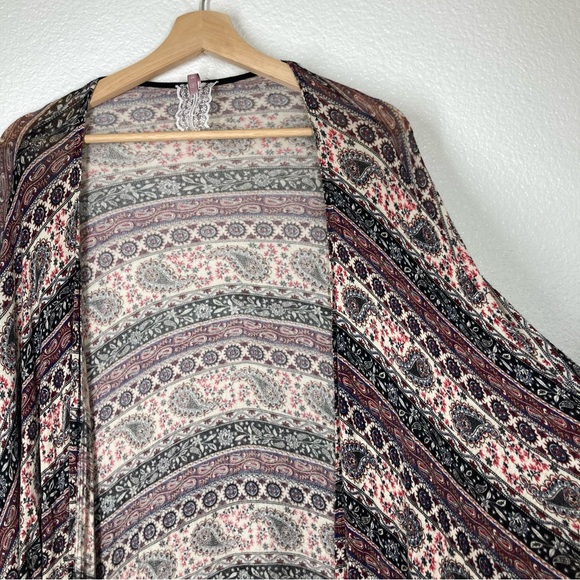 Mauve Anthropology Paisley Kimono Cardigan Medium Fringe Open Front Boho Brown - Picture 4 of 15
